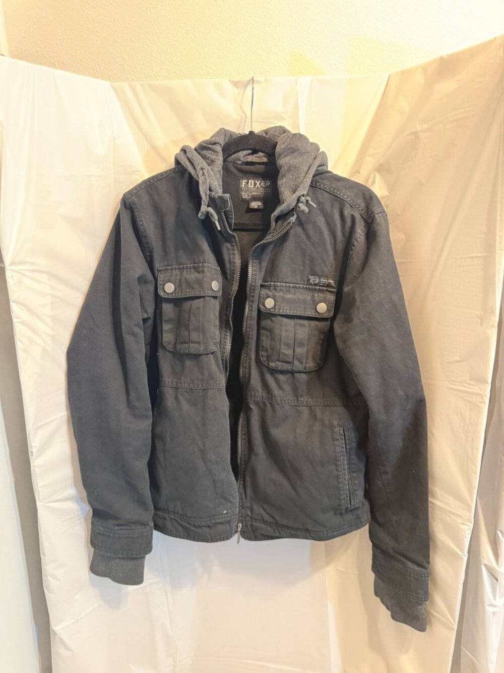 Fox Racing Men’s Canvas Jacket Medium Black Grey Removable Hood Moto Street